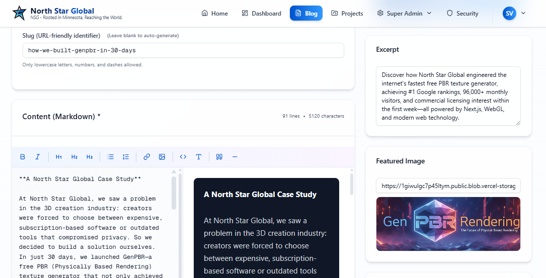 Website CMS dashboard showing content editor with live preview and publishing controls