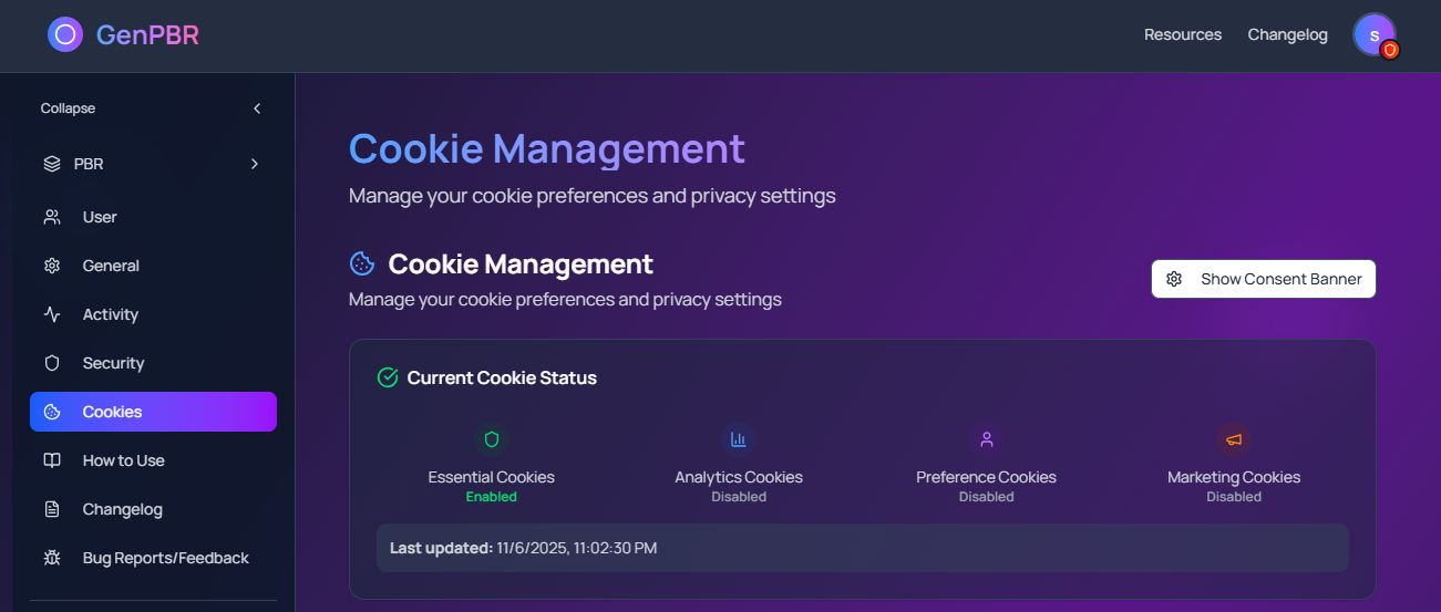 GenPBR GDPR compliance dashboard with cookie management and privacy controls