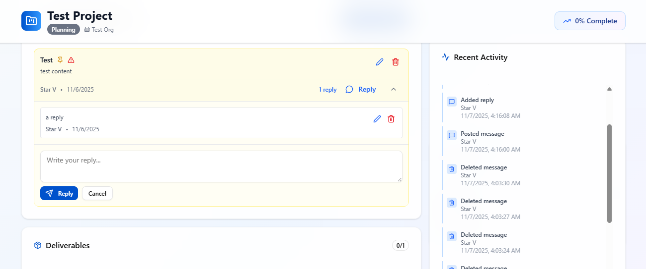 Client portal messaging interface with threaded conversations and real-time updates