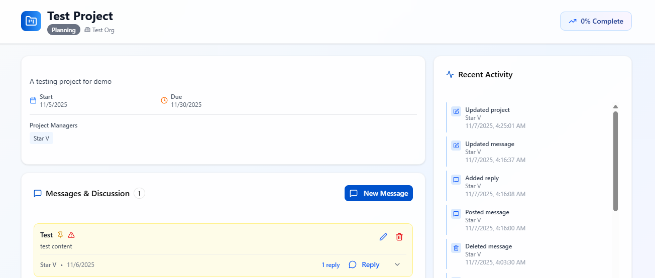 Secure client portal with project overview, messaging system, and document management